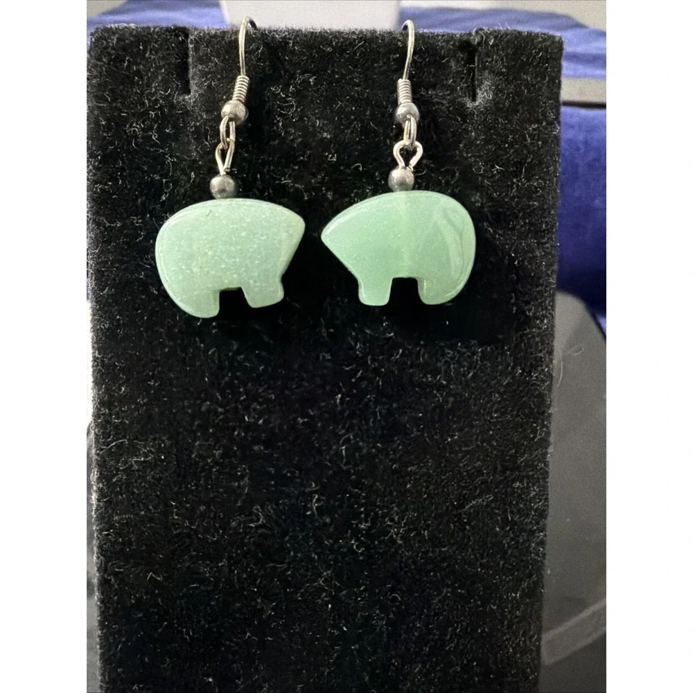GREEN AGATE HEARTLINE BEAR EARRINGS, Small -Silver Tone Ear Wires